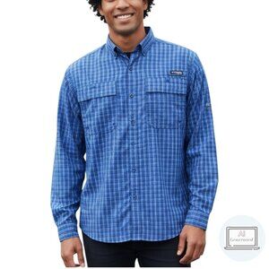 Columbia PFG Mens Super Tamiami Angler Shirt Blue Plaid Vented Fishing Size S
